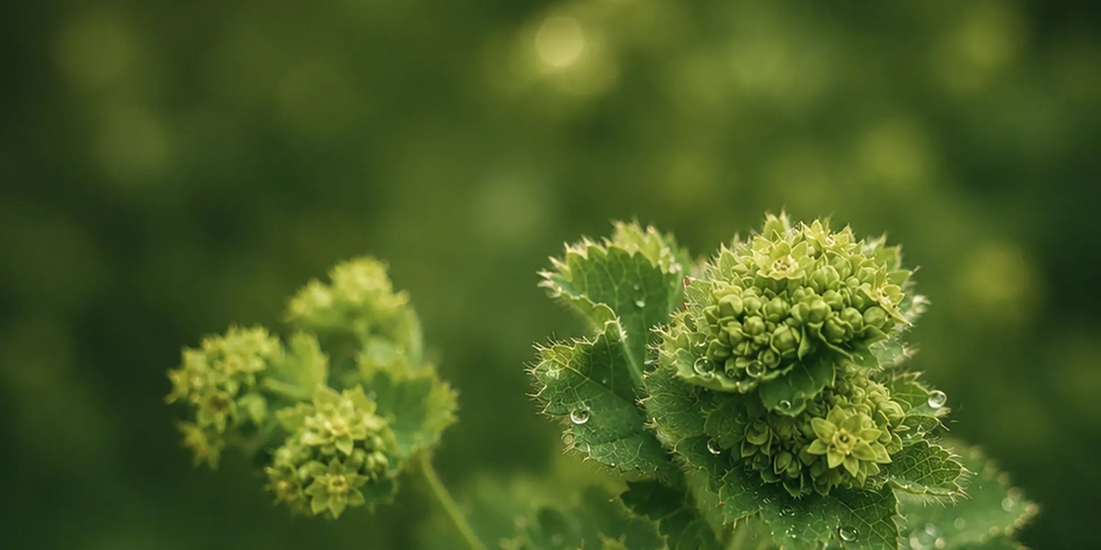 Close-up van vrouwenmantel met dauwdruppels in zacht groen licht