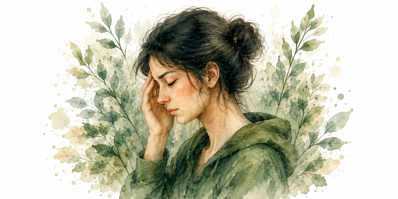 Aquarel van een vrouw met migraine, hand tegen haar voorhoofd, omringd door groene bladeren