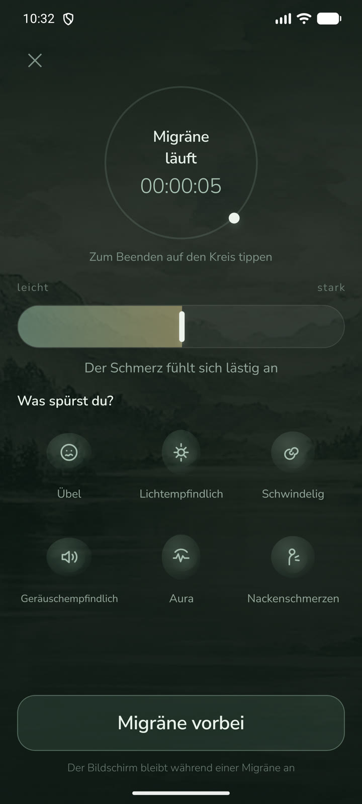 Bildschirm des laufenden Anfalls: ein extra dunkler Bildschirm mit laufender Uhr und einem großen Kreis zum Antippen.