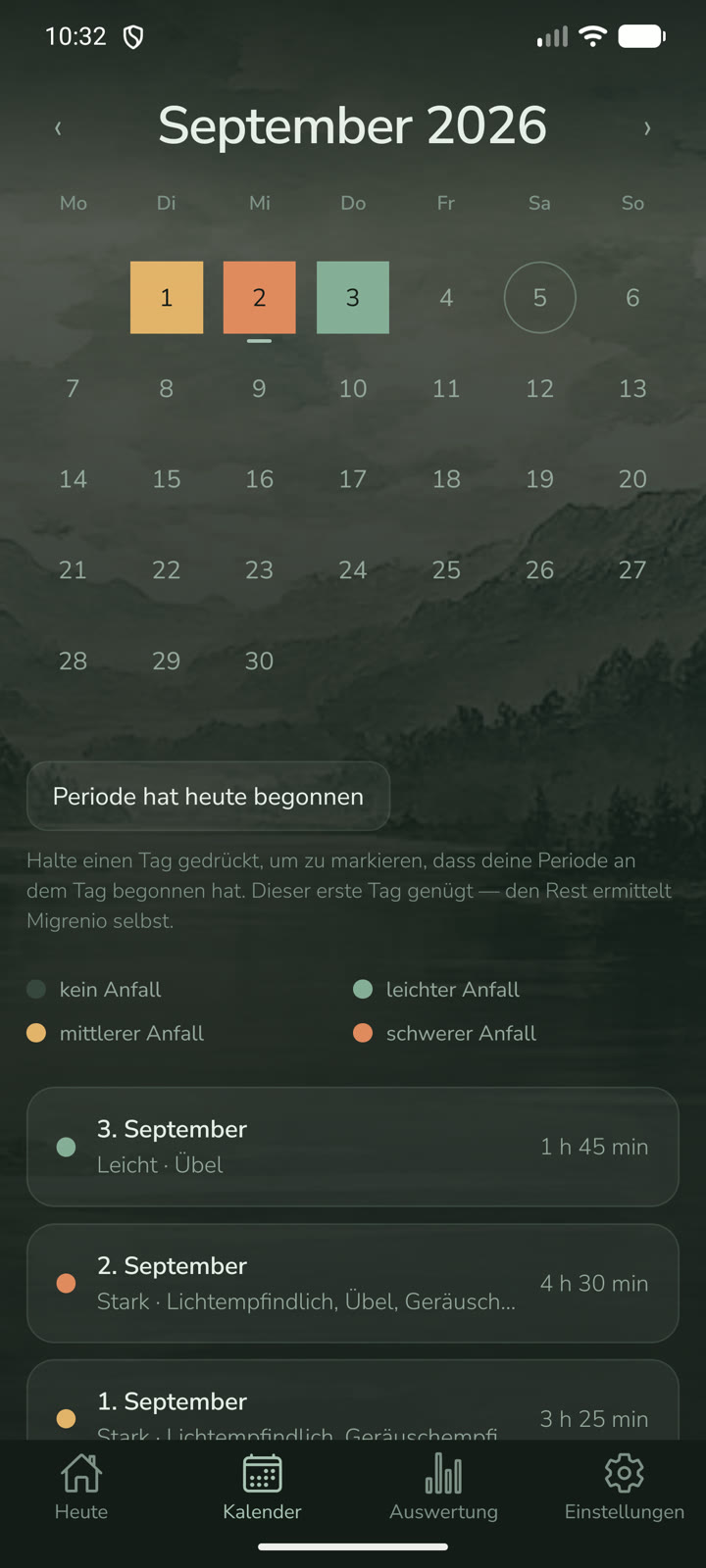 Kalender-Bildschirm: ein Monatsraster, in dem Tage mit einem Anfall nach Schwere eingefärbt sind.