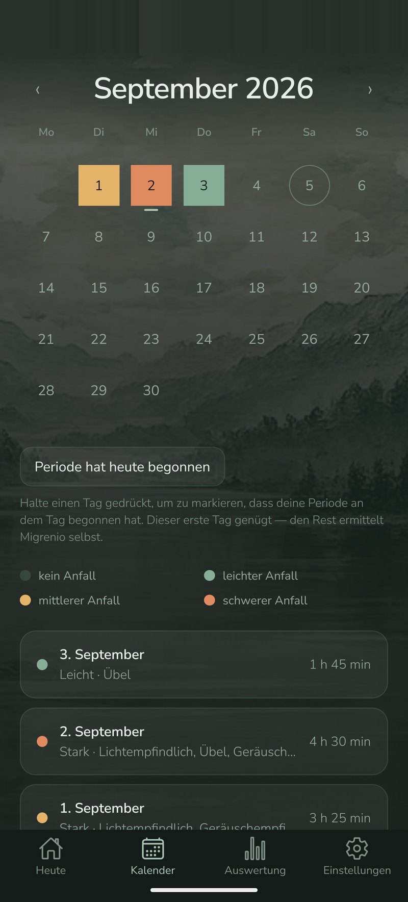 Migrenio — Monatsansicht mit Anfällen und Luftdruck
