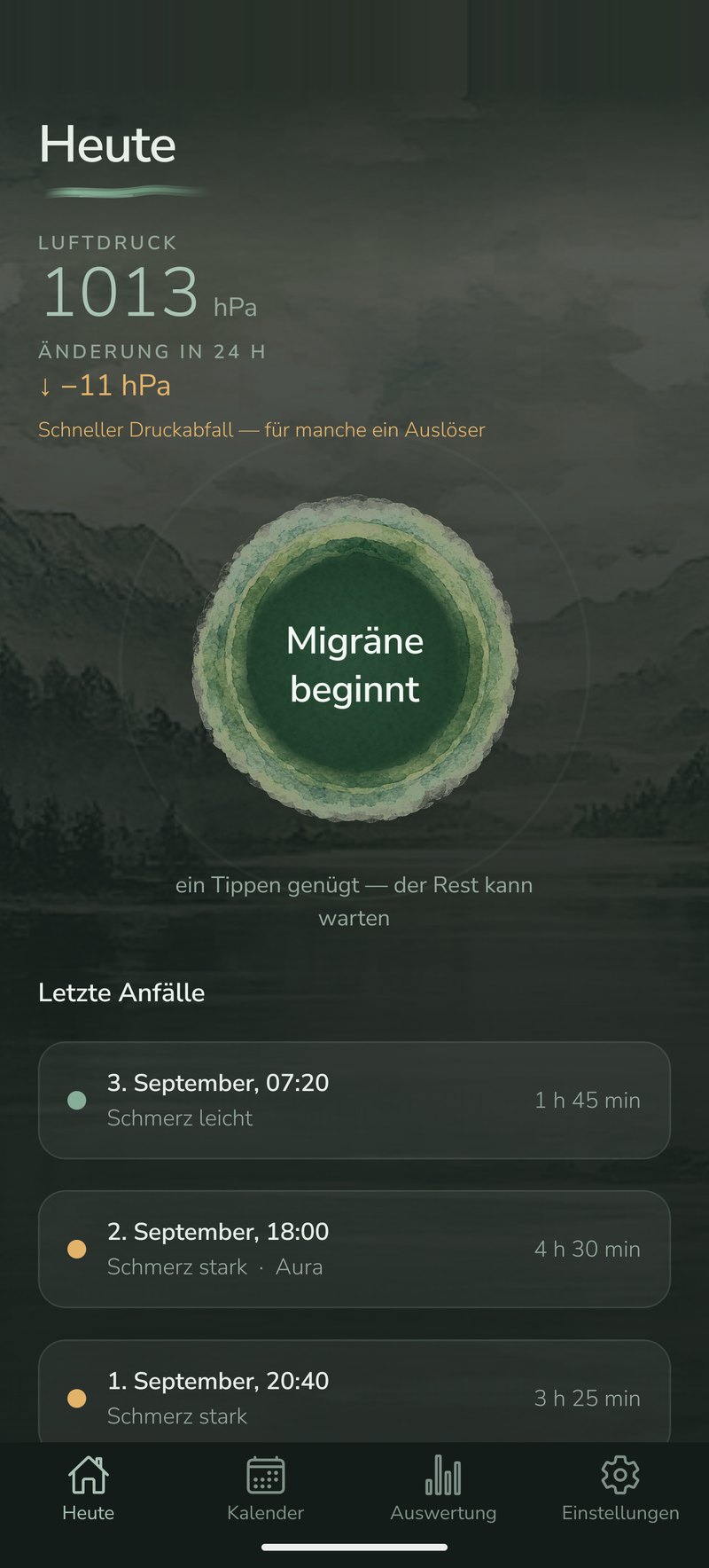 Migrenio — der Heute-Bildschirm mit Luftdruck