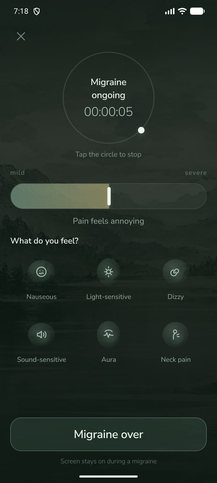 Active attack screen: an extra dark screen with a running clock and a large circle to tap.