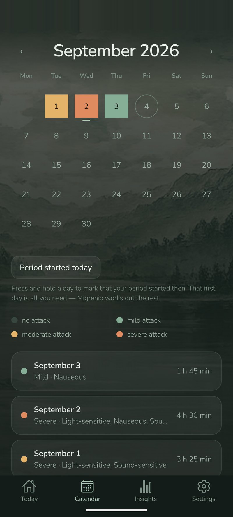 Migrenio — month view with attacks and air pressure