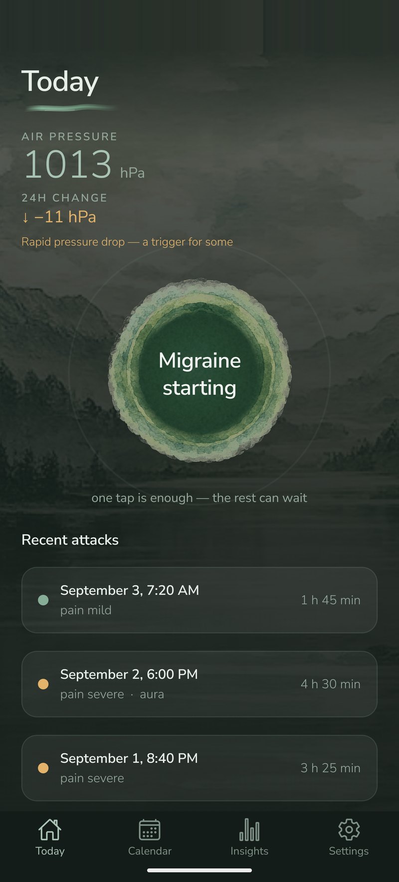 Migrenio — the Today screen with air pressure