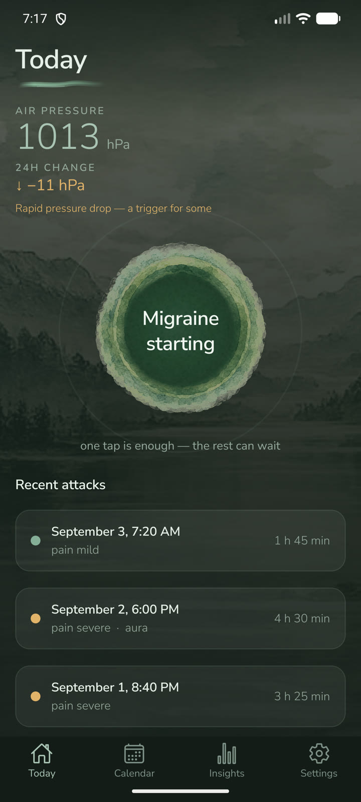 Today screen: air pressure 1013 hPa, the ‘Migraine starting’ button and a list of recent attacks.