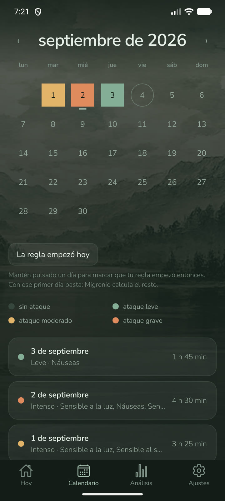 Pantalla Calendario: una cuadrícula mensual en la que los días con ataque se colorean según la gravedad.
