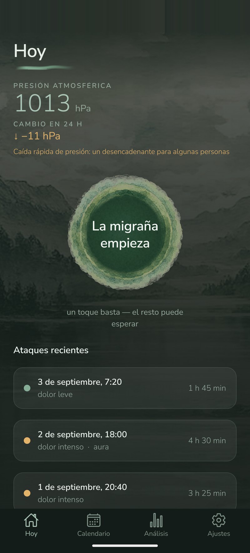 Migrenio — la pantalla Hoy con la presión atmosférica