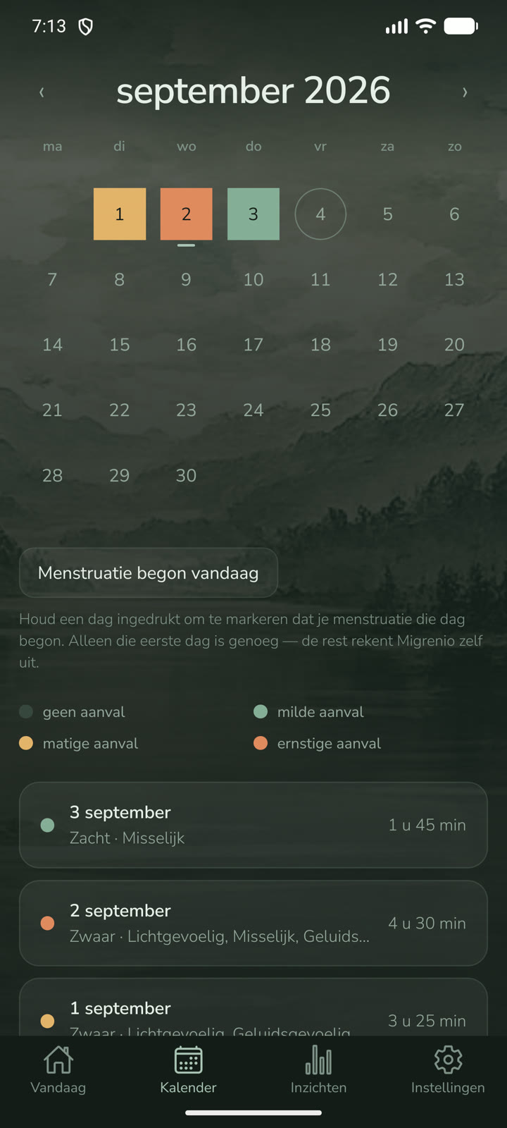 Kalender-scherm: een maandrooster waarin dagen met een aanval een kleur krijgen naar de zwaarte.