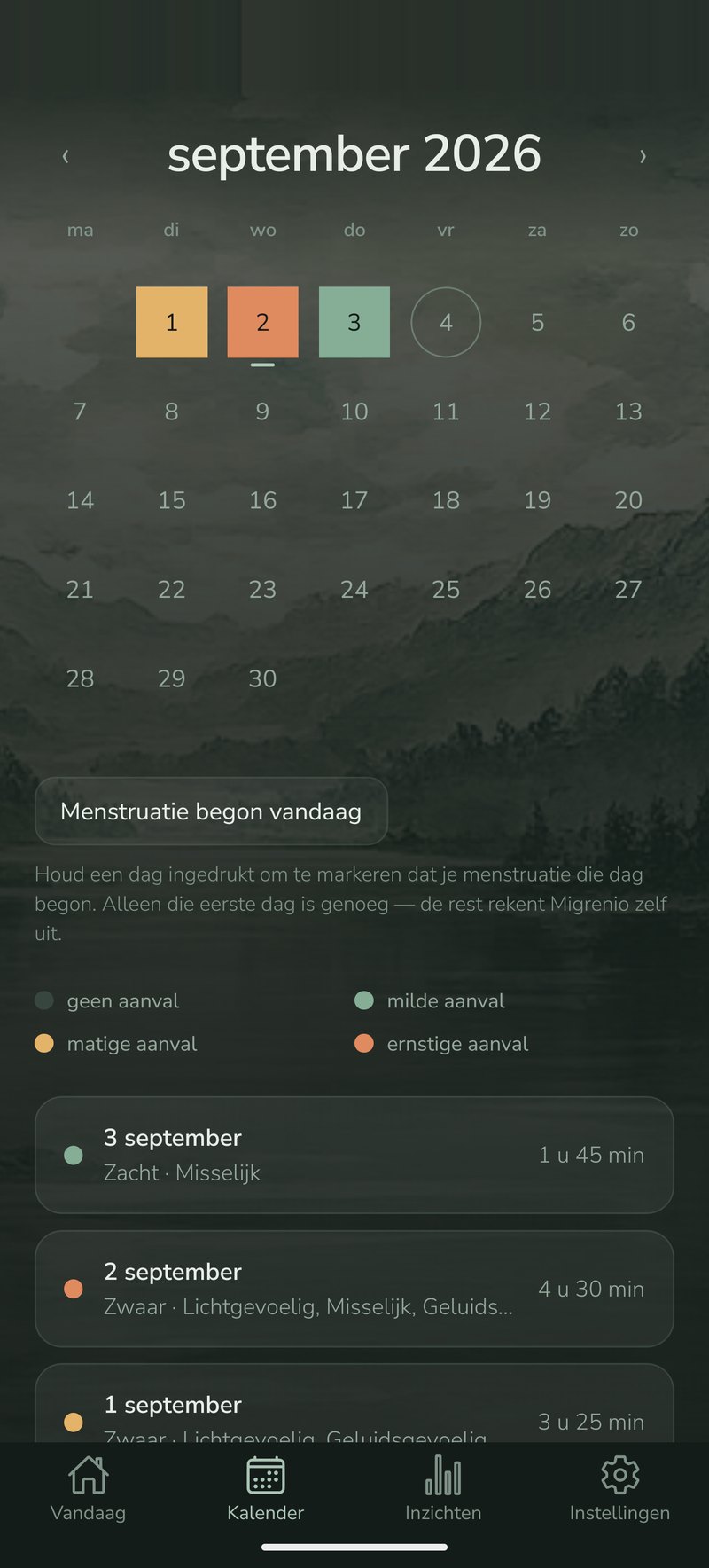 Migrenio — maandoverzicht met aanvallen en luchtdruk