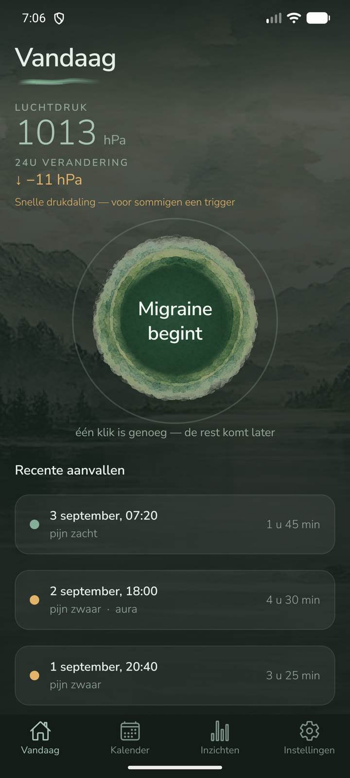 Vandaag-scherm: luchtdruk 1013 hPa, de knop ‘Migraine begint’ en een lijst met recente aanvallen.