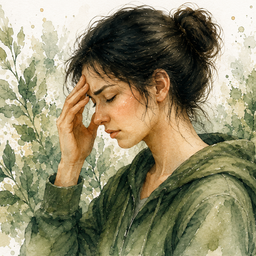 Het app-icoon van Migrenio: een aquarel van een vrouw met haar hand tegen haar voorhoofd