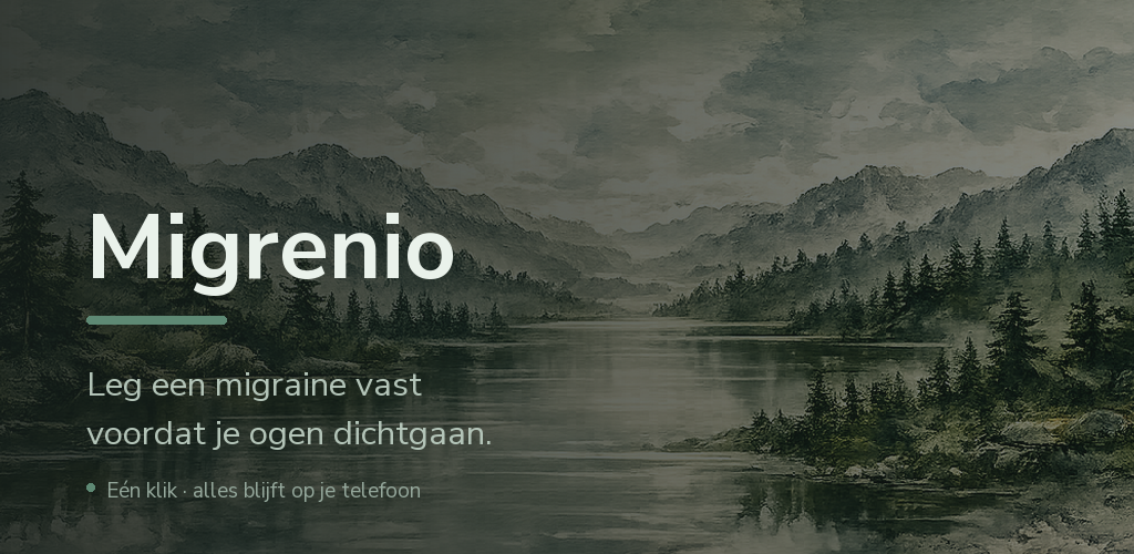Feature graphic van Migrenio: het bos-motief met de naam en de belofte