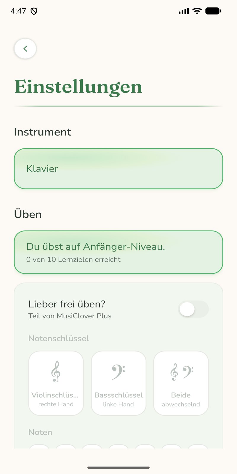 MusiClover — die Einstellungen: Instrument, Notenschlüssel und Vorzeichen
