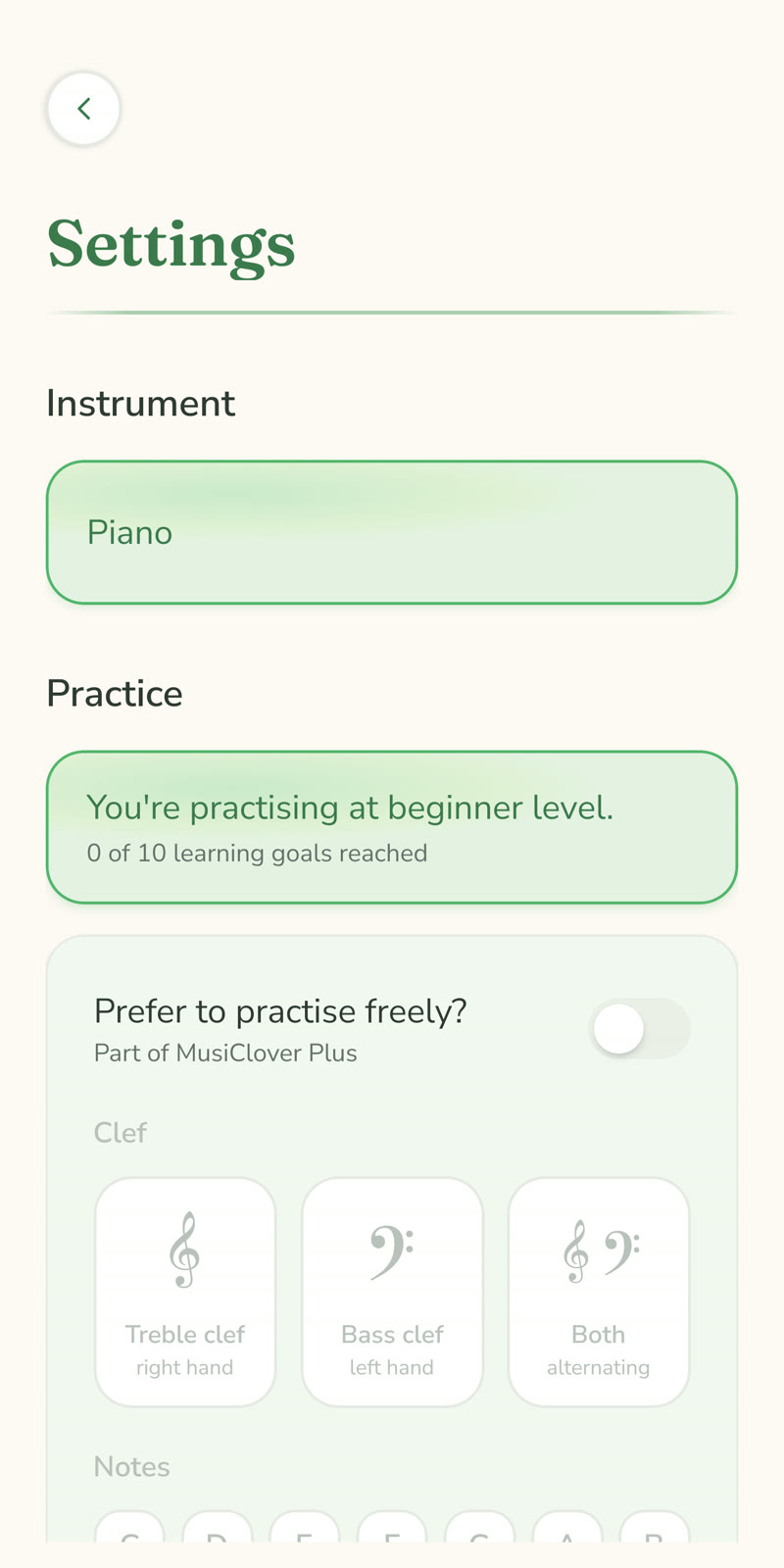 MusiClover — the settings: instrument, clef and accidentals