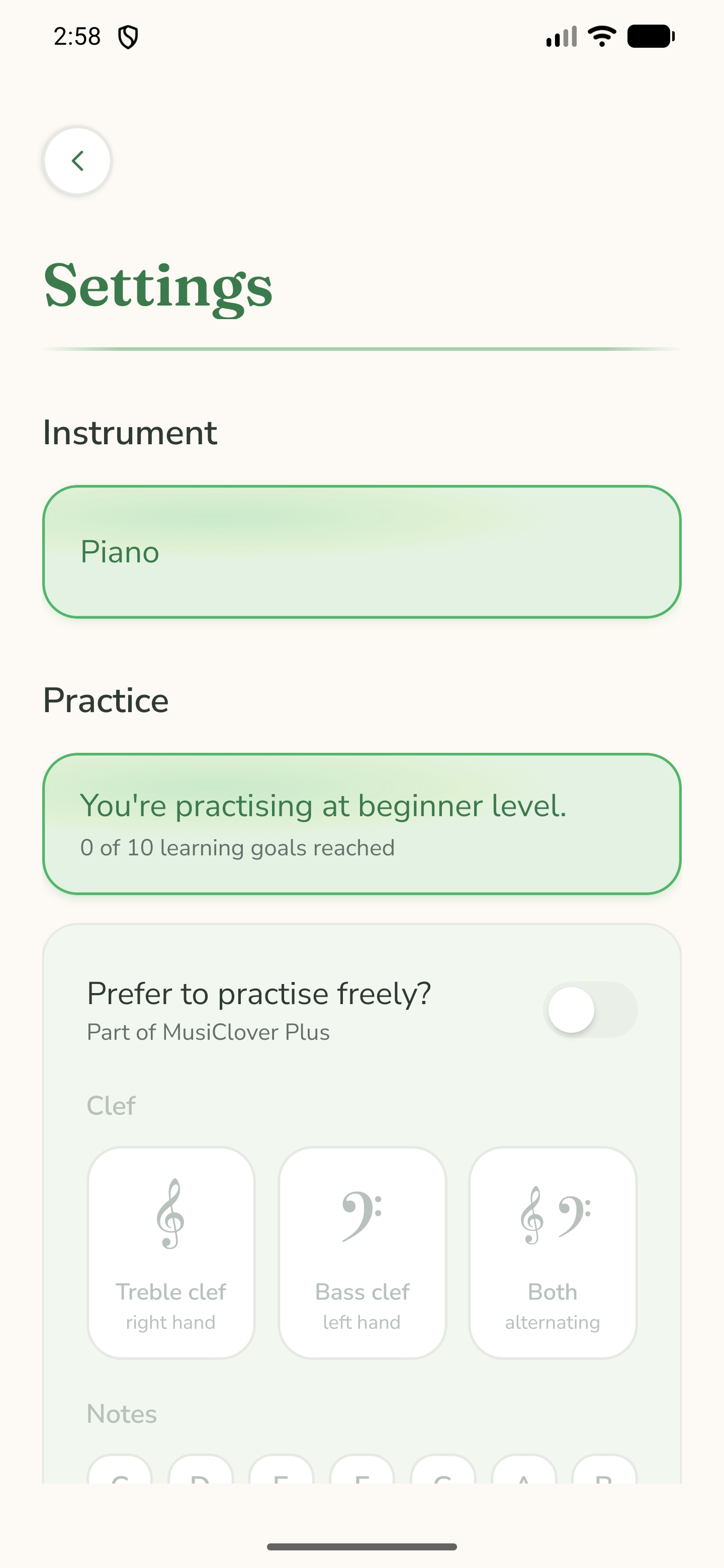 The settings screen with clef, accidentals, round length and sound
