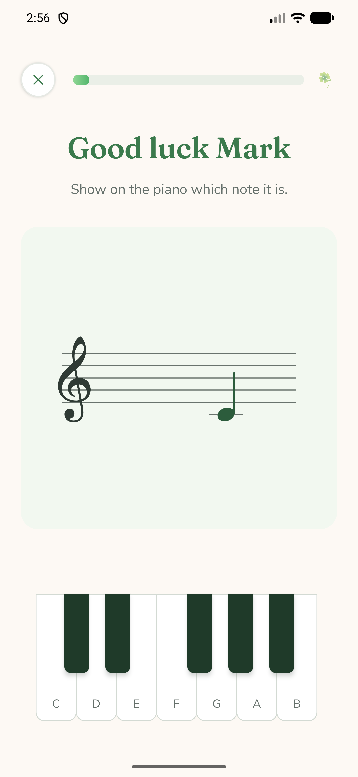 A practice lesson: a note on the staff with the piano keyboard below it