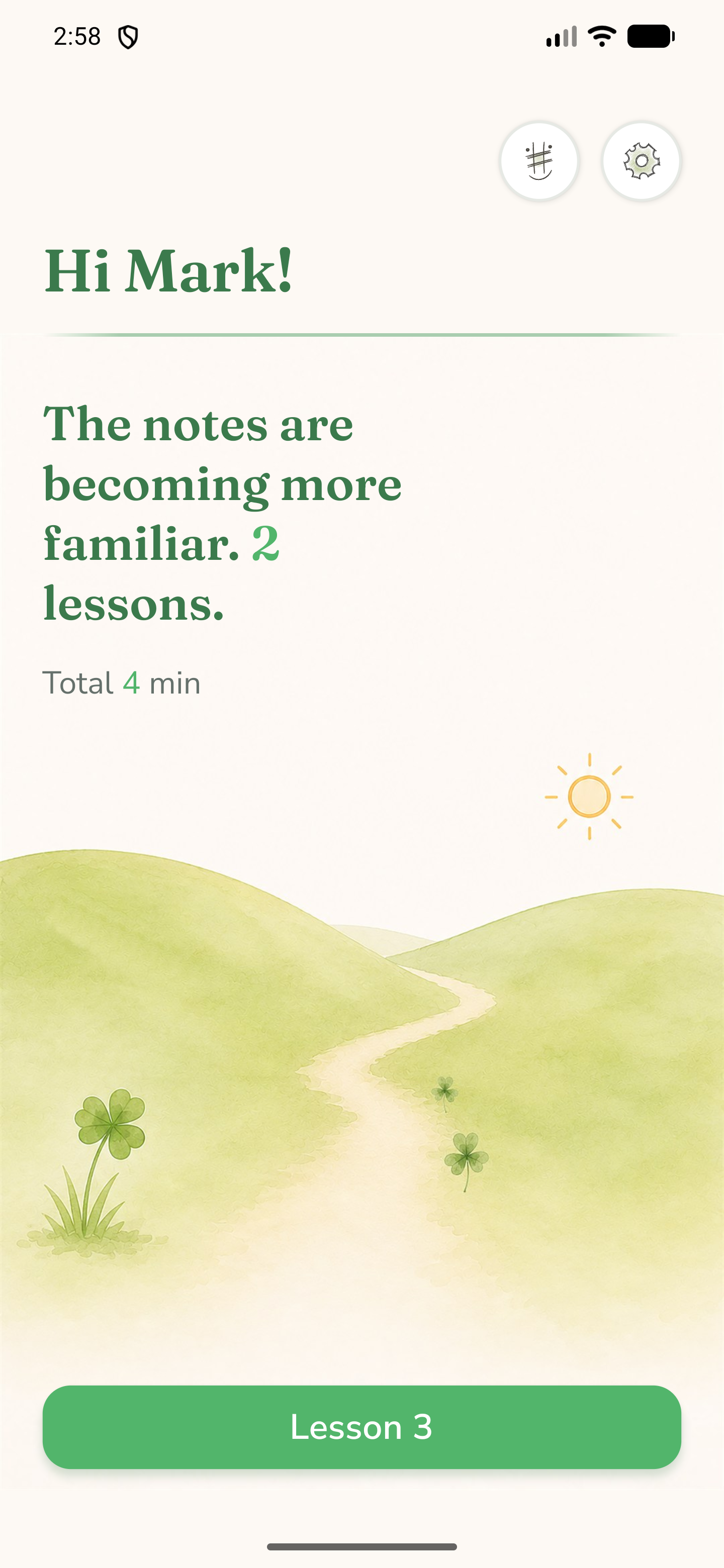 The meadow home screen with a greeting and the button for the next lesson