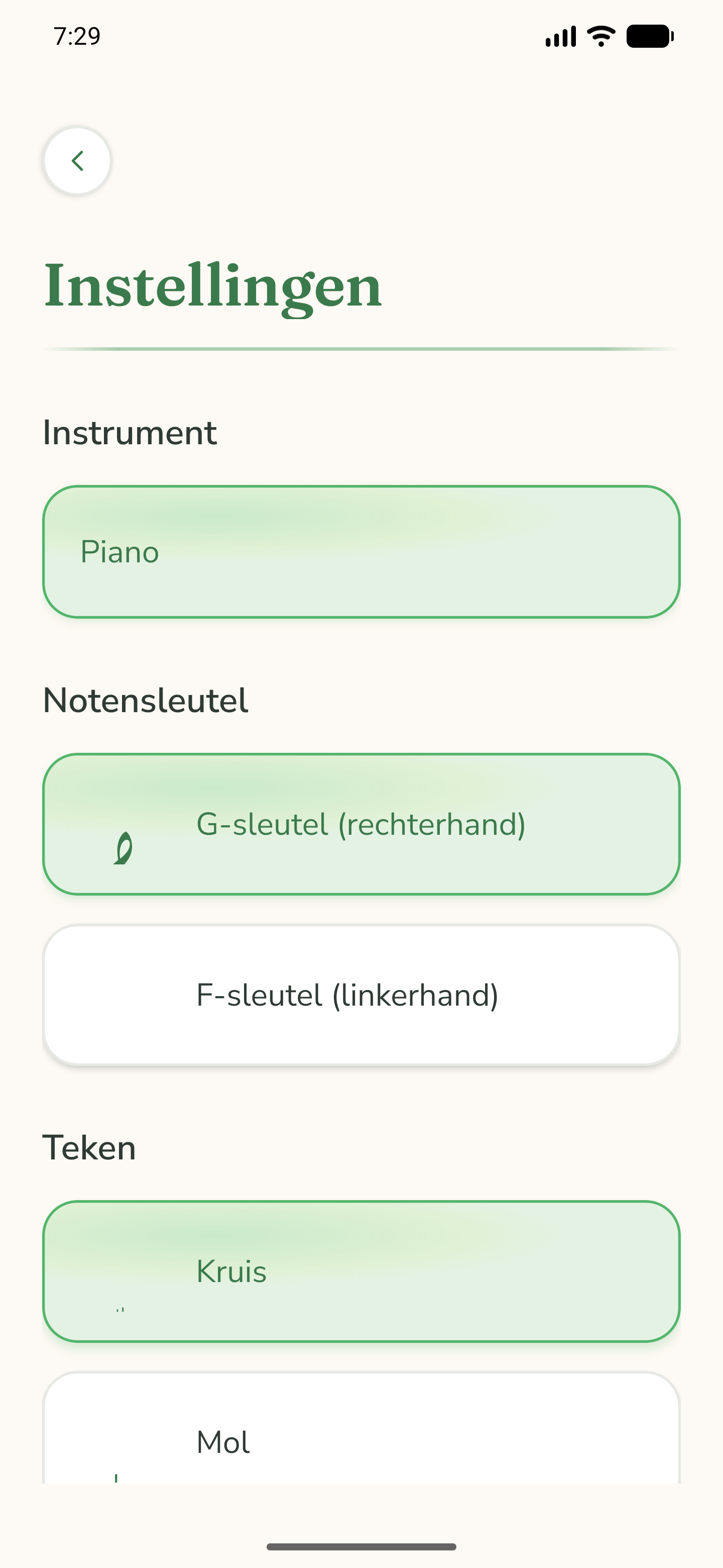 Het instellingenscherm met notensleutel, voortekens, rondeduur en geluid