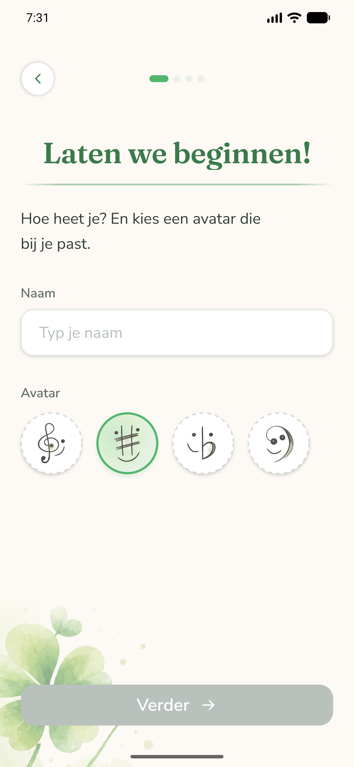 Het kennismakingsscherm waar je je naam en avatar kiest