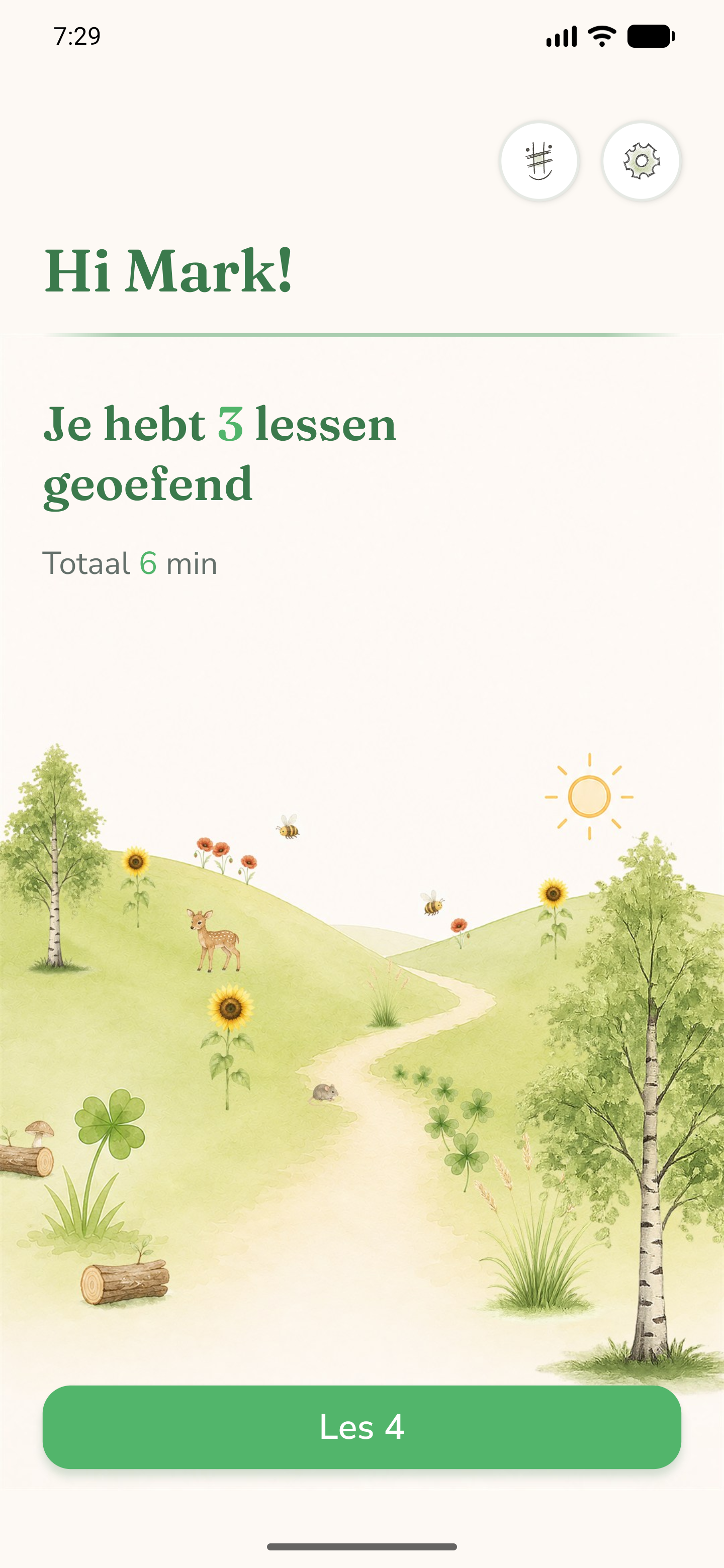 Het weiland-startscherm met begroeting en de knop voor de volgende les