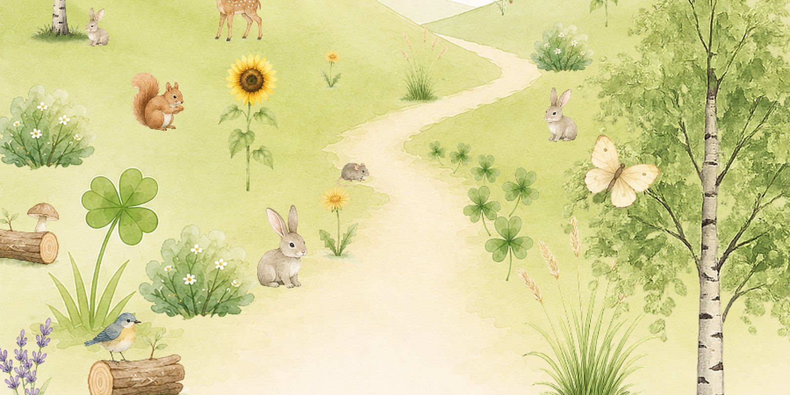 Aquarel van een weiland met een pad, klaver, een vlinder en dieren tussen het gras