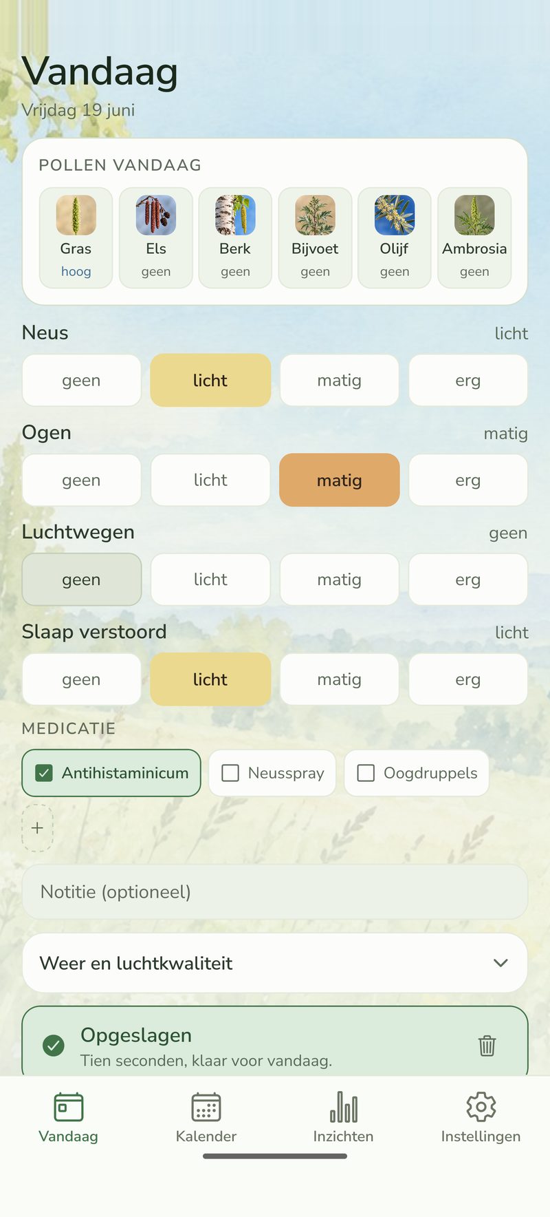 Pollenio — Vandaag, met alle zes pollentypes